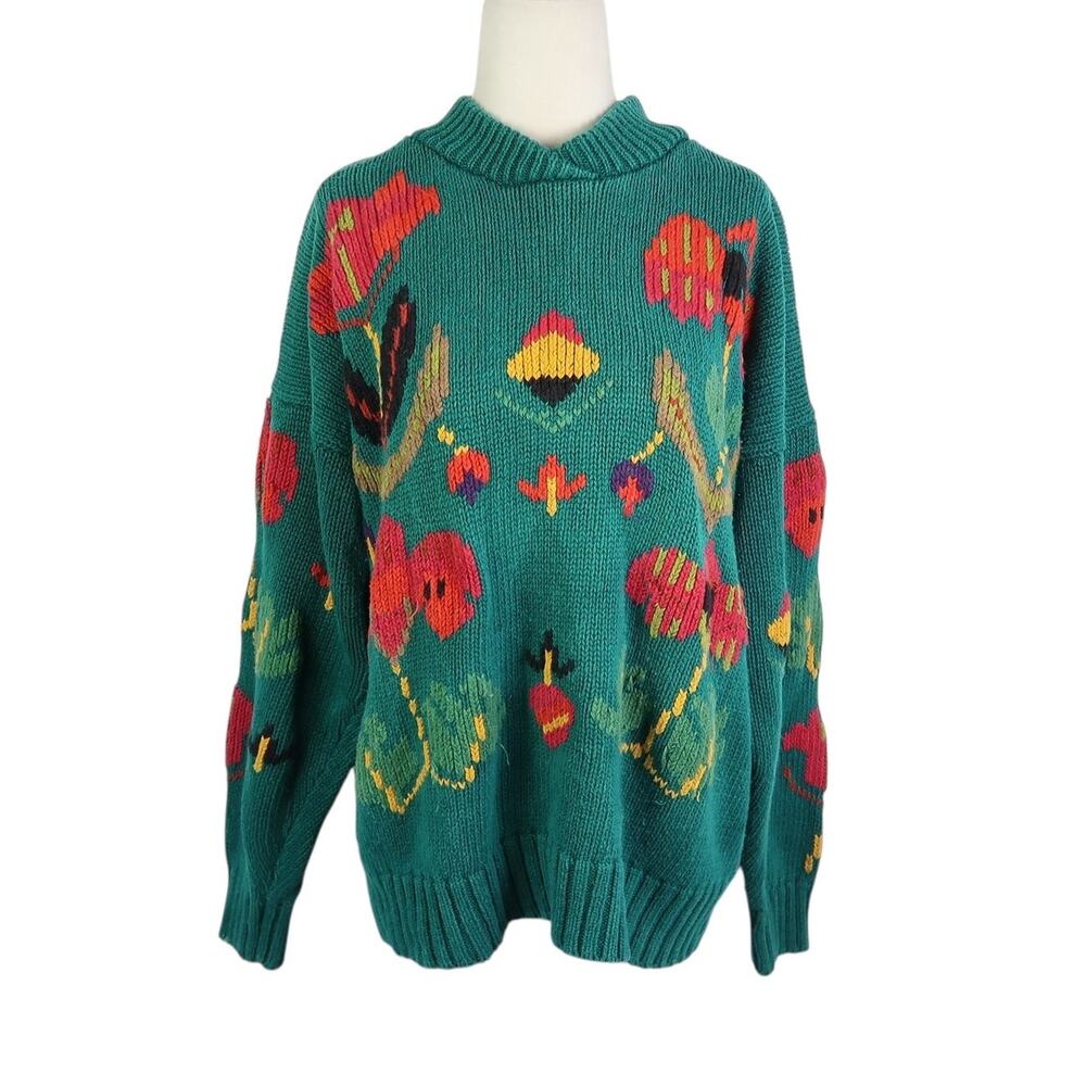 Vintage 90s American Eagle Green Floral Cotton Knit Sweater M